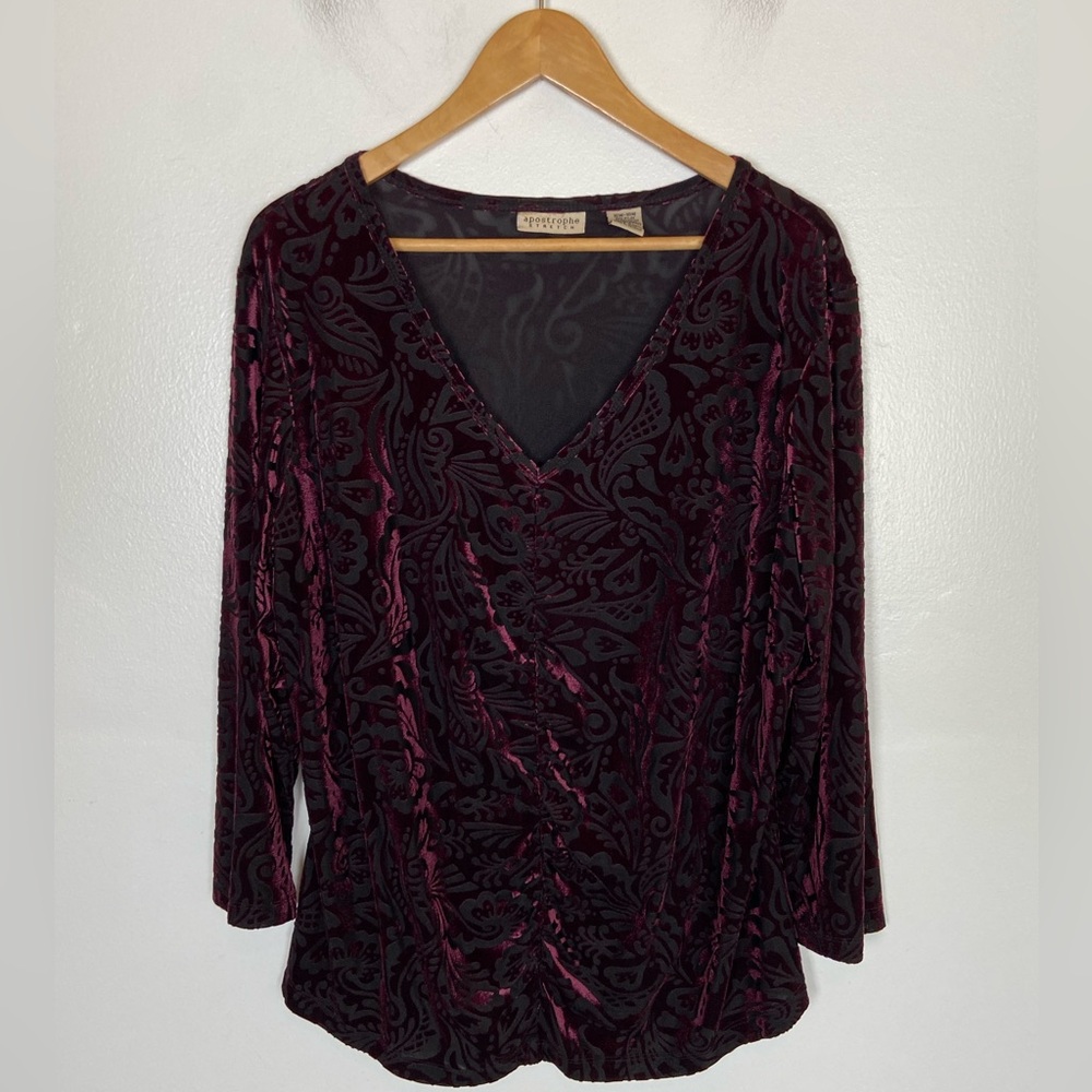 Apostrophe Burnout Velvet 3/4 Sleeves Top 16W/18W Purple‎ V-Neck Ruched Goth USA